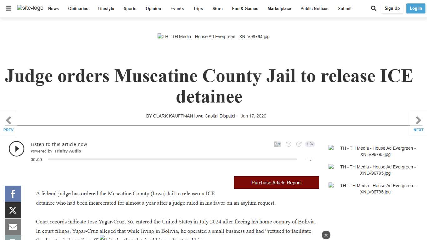 Judge orders Muscatine County Jail to release ICE detainee | Iowa-Illinois-Wisconsin | telegraphherald.com