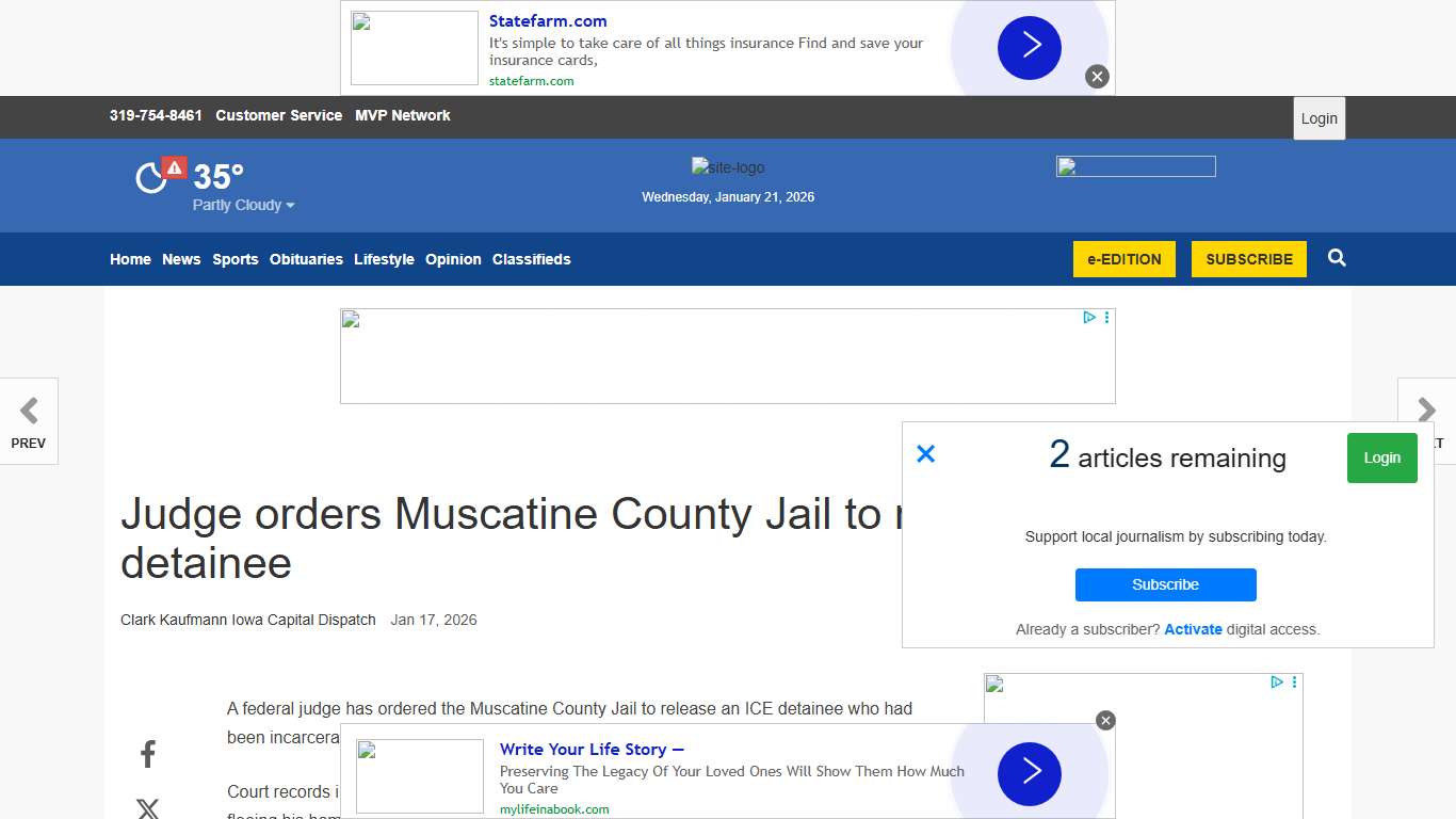 Judge orders Muscatine County Jail to release ICE detainee | The Hawk Eye - Burlington, Iowa | mississippivalleypublishing.com